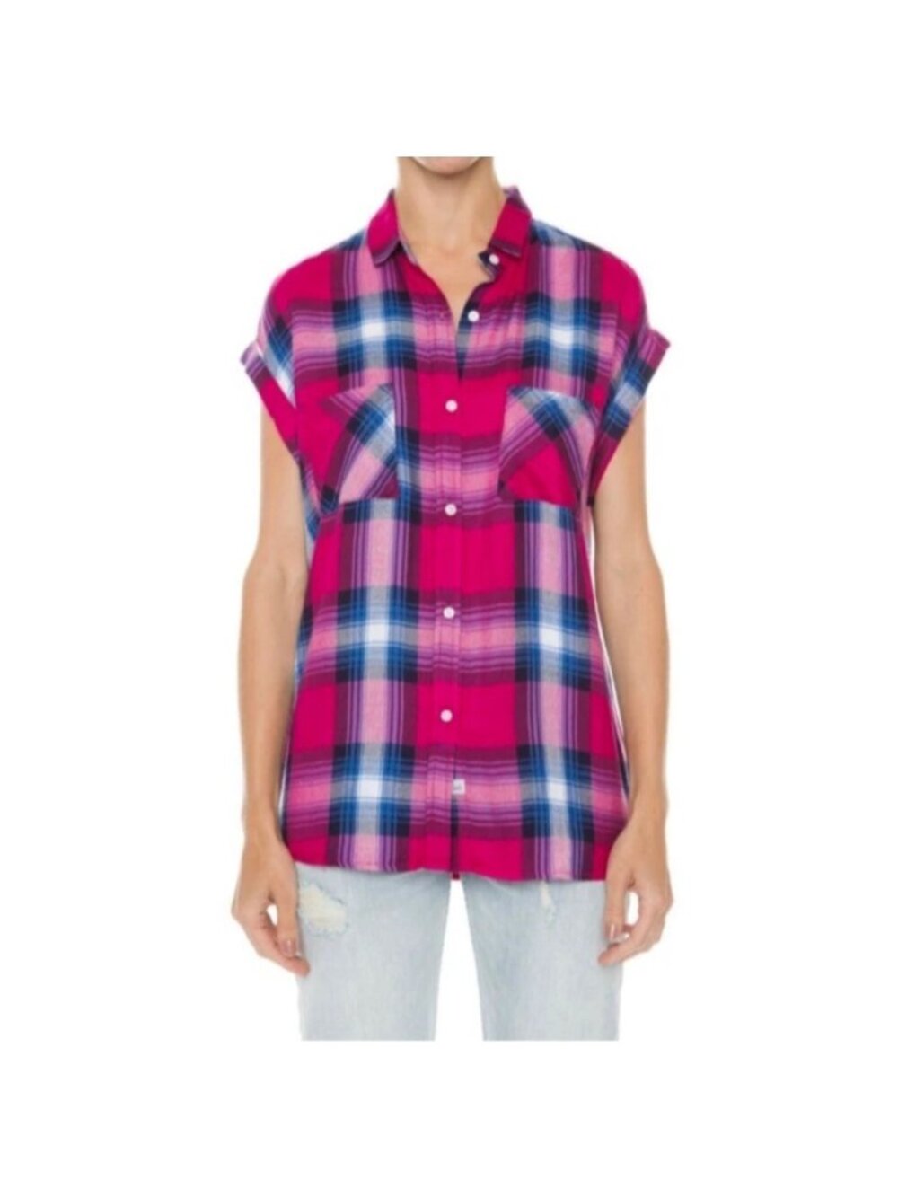 RAILS Women's Britt Berry/Navy Sleeveless Plaid Flannel Button Up Shirt Casual